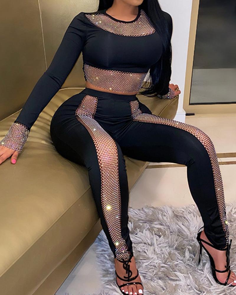 

Rhinestone Crop Top & Pencil Pants Set, Black