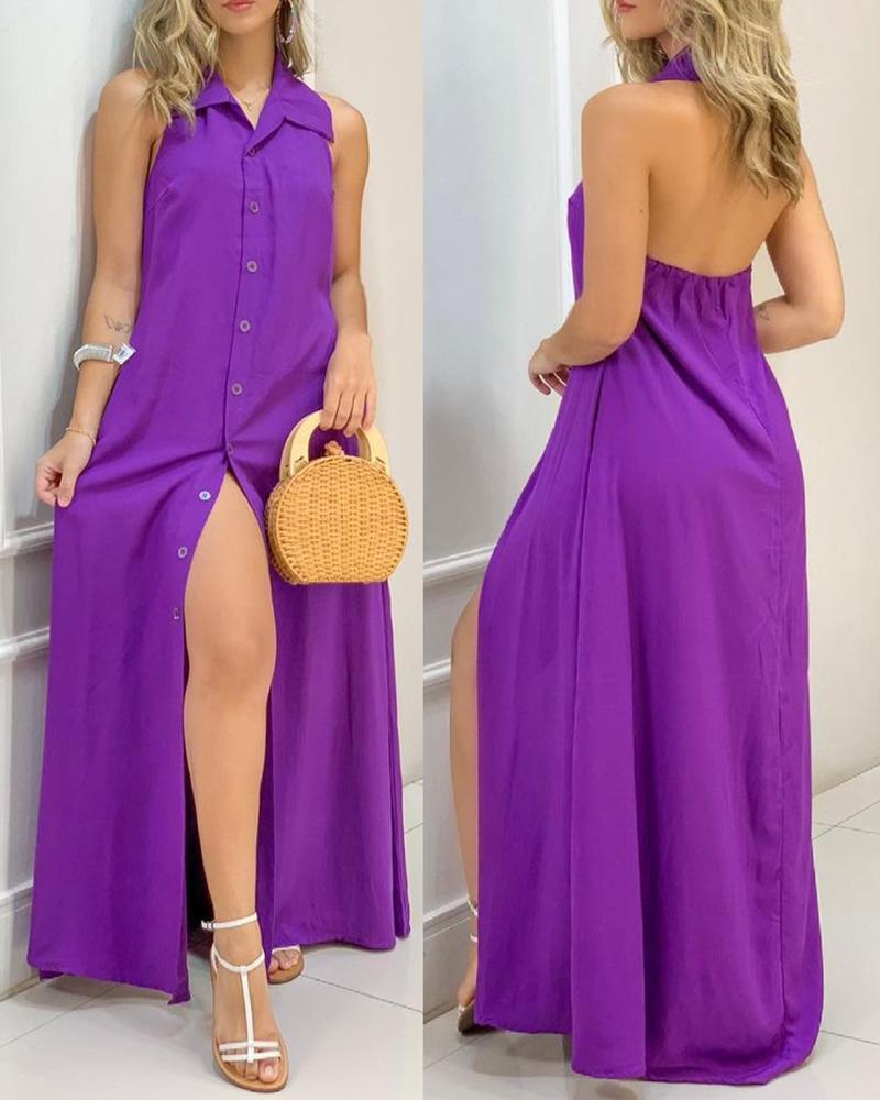

Halter Backless Button Front Shirt Dress, Purple
