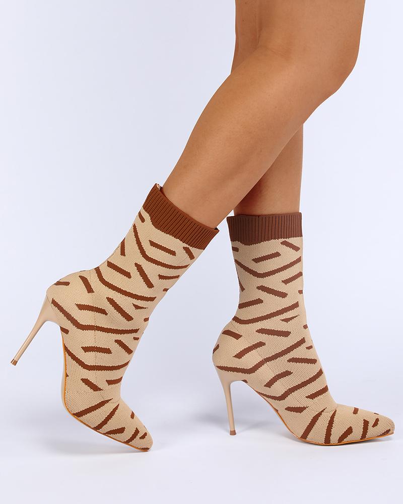 

Abstract Print Stiletto Heel Ankle Boots, Brown
