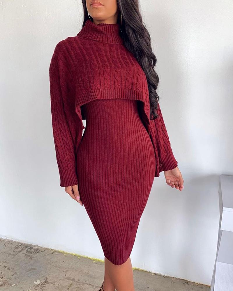 

Solid High Neck Ribbed Sweater & Thin Strap Dress Sets, Wine red