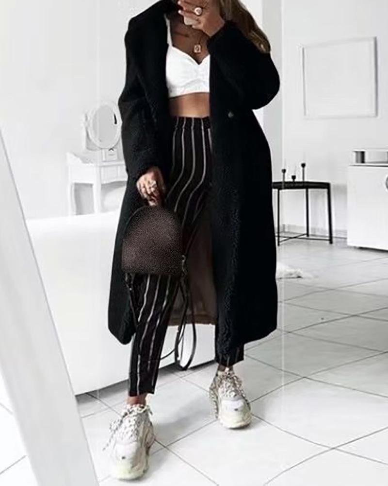 

Plain Button Design Long Sleeve Teddy Longline Coat, Black