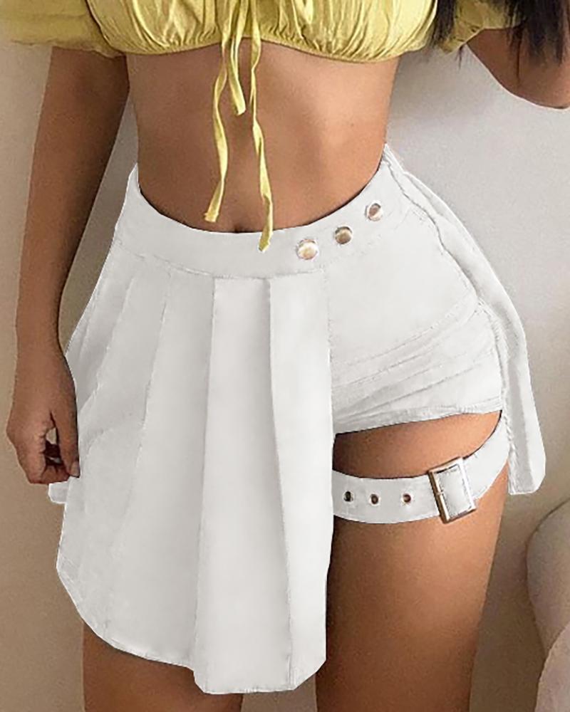 

Buttoned Eyelet Buckled High Waist Skorts, White