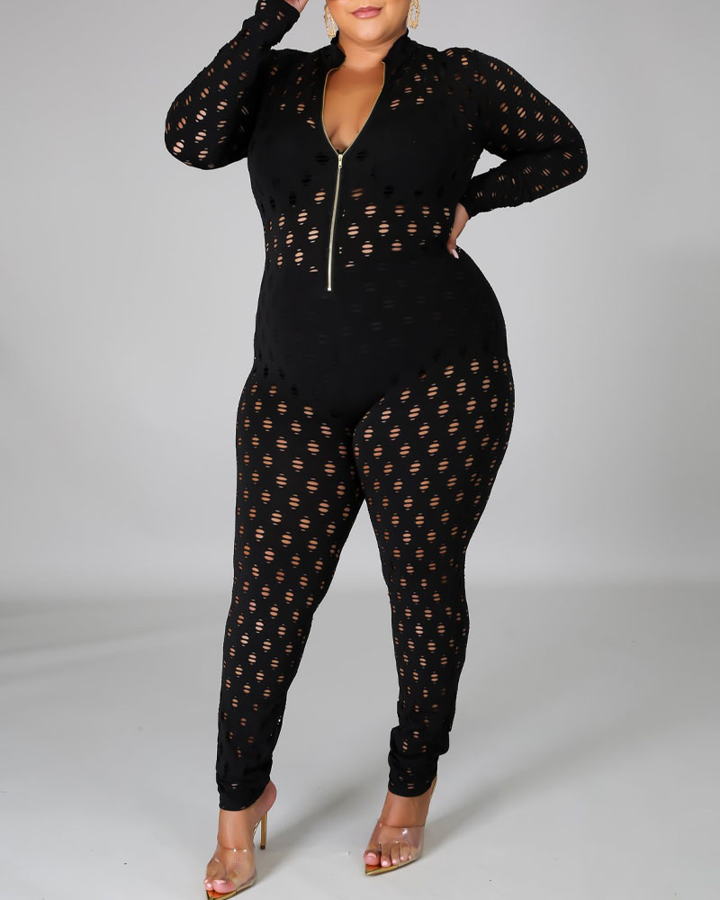 

Plus Size Zip Front Hollow Out Skinny Jumpsuit, Black