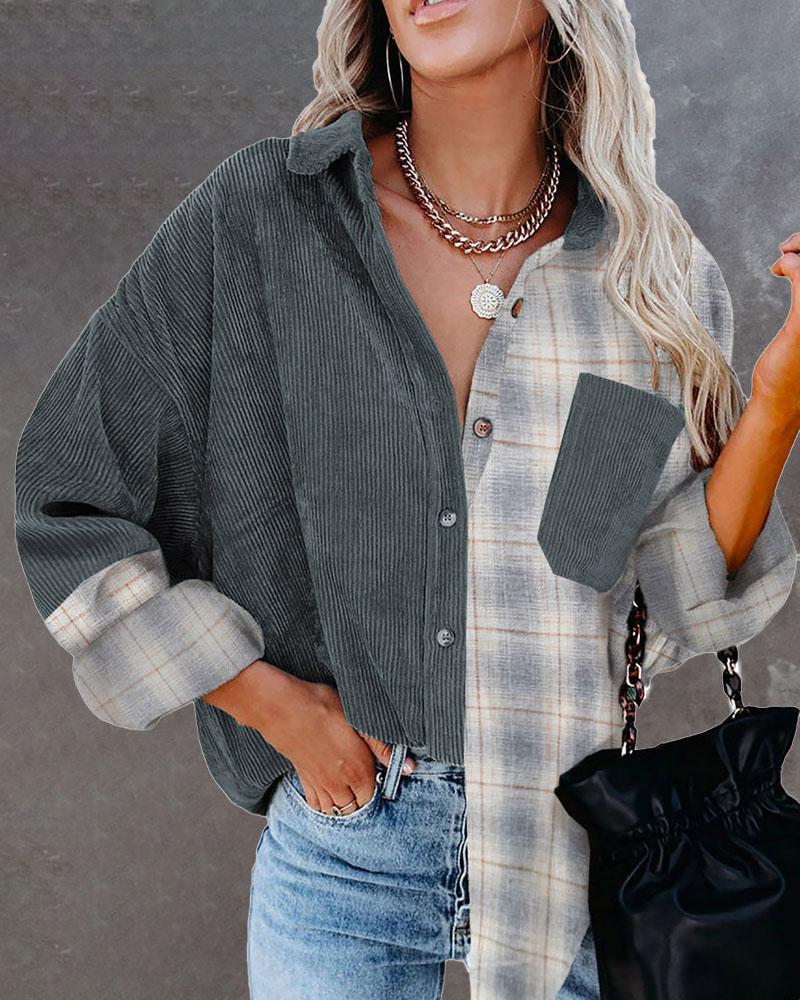 

Plaid Print Patchwork Button Down Corduroy Shacket, Gray