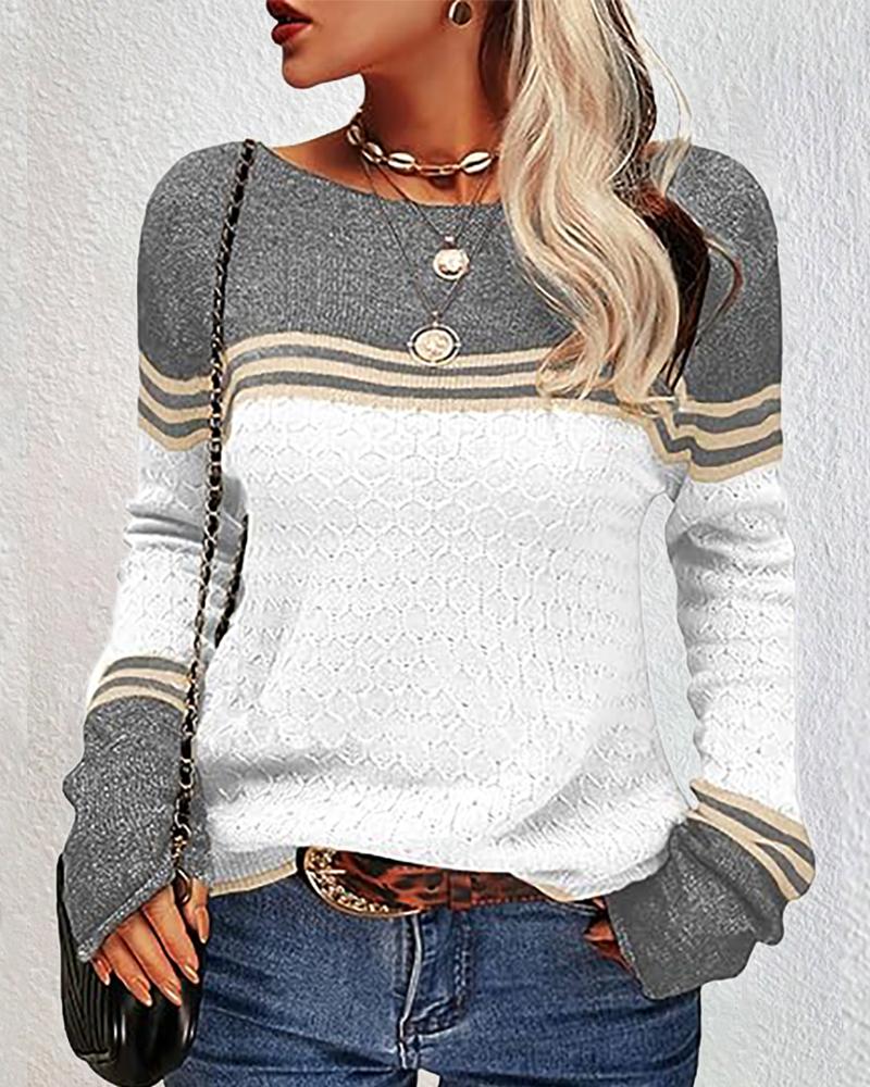 

Colorblock Striped Long Sleeve Knit Sweater, White