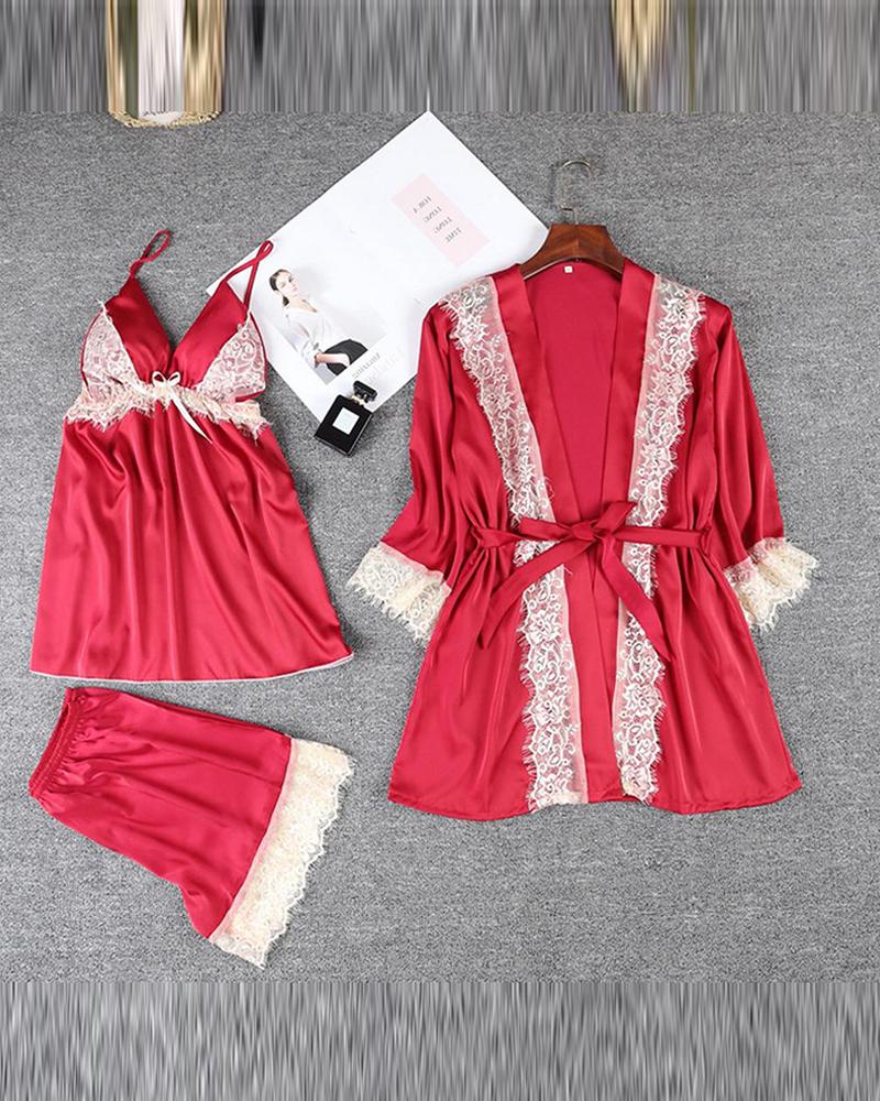 

Satin Lace Trim Pajama Set, Red