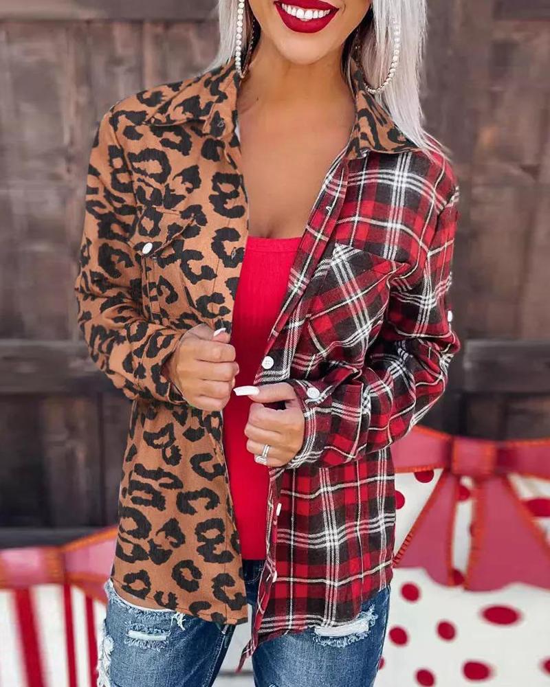 

Leopard Plaid Print Long Sleeve Button Down Shirt