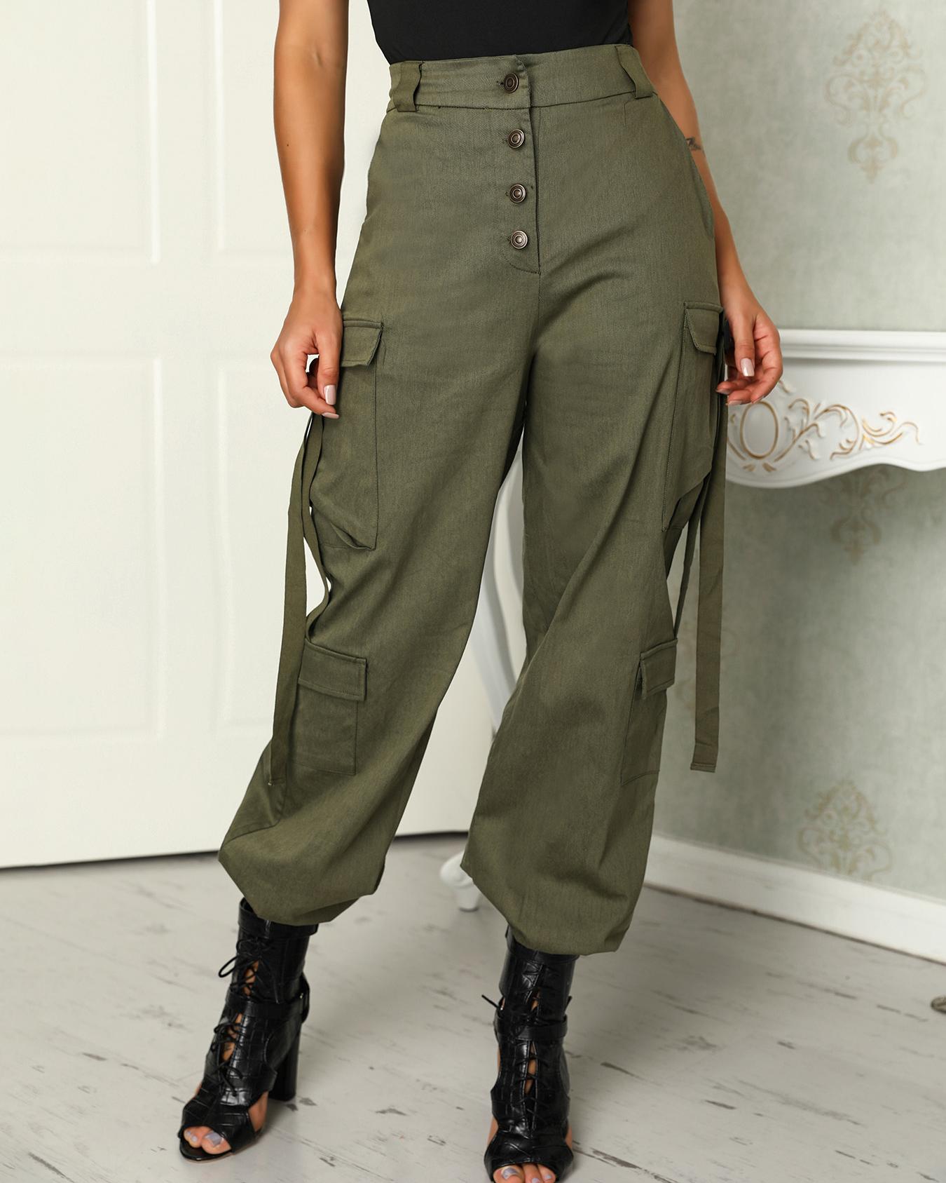 

Button Pocket Design Elastic Hem Leisure Pants, Army green