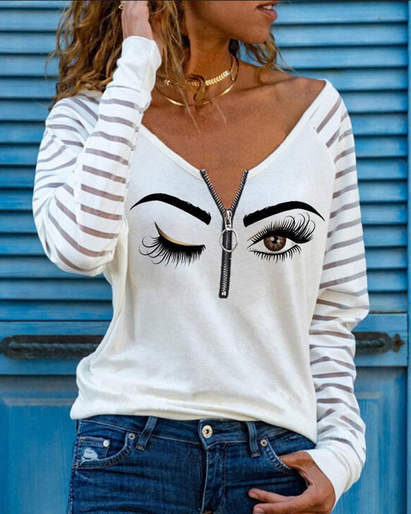 

Zipper Design Eyes Print V-Neck Top, White