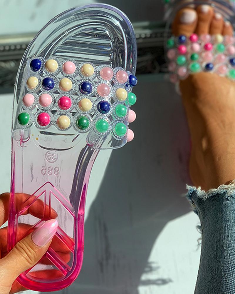 

Clear Perspex Colorful Beaded Open Toe Slippers, Hot pink