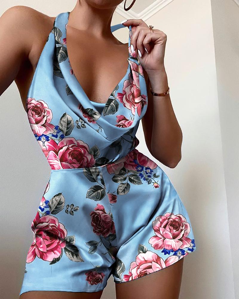 

Floral Print Satin Cowl Neck Spaghetti Strap Backless Romper, Blue