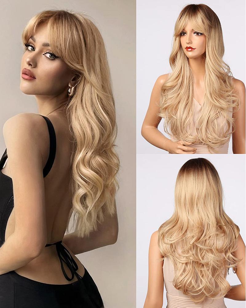 

Long Blonde Wavy Ombre Curtain Bang Dark Roots Synthetic Chemical Fiber Wigs, Style1