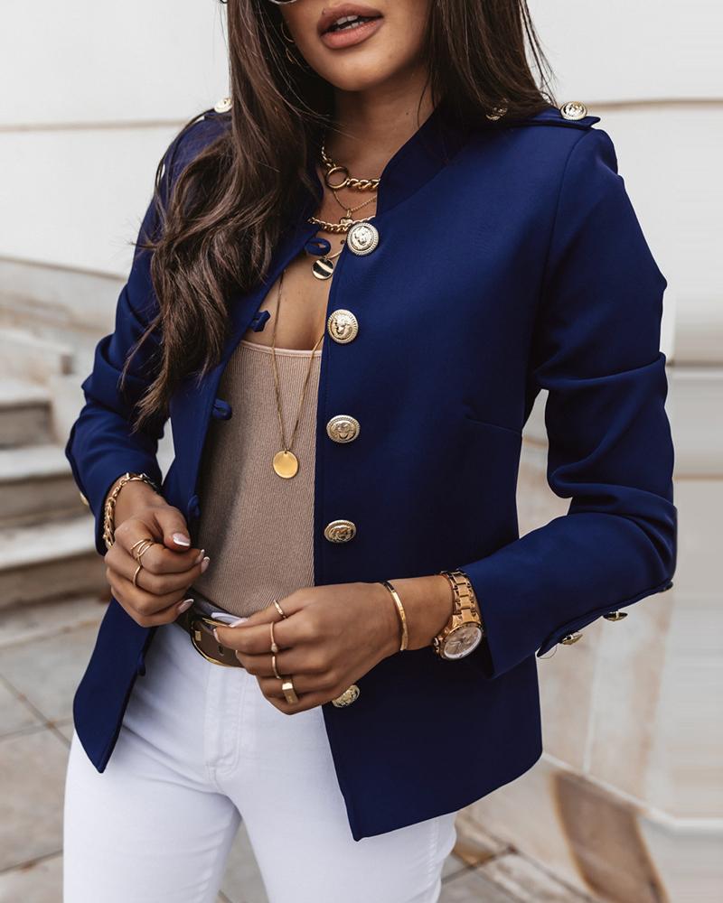 

Button Design Long Sleeve Blazer Coat, Dark blue