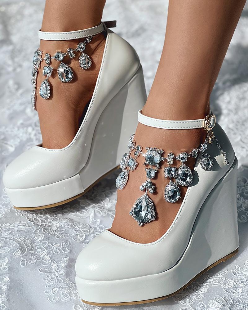 

Platform Wedge Bridal Wedding Pumps, White