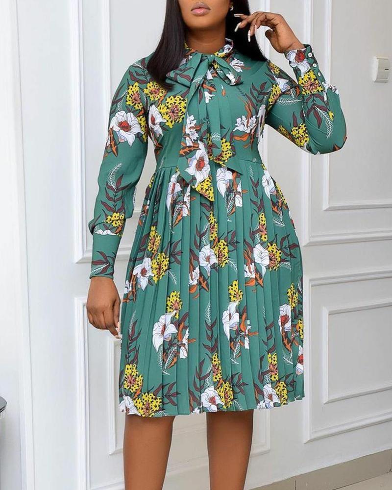 

Floral Printing Long Sleeve Skinny Waist Pleated Midi Dress, Green