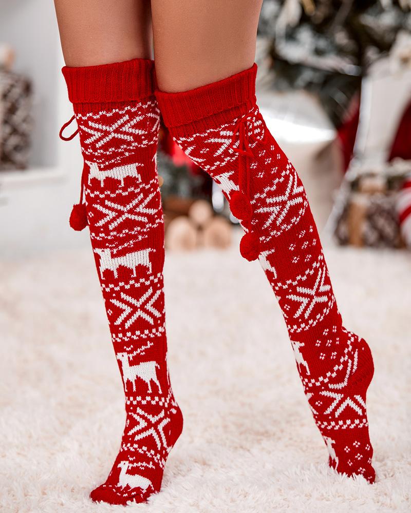 

1Pair Christmas Snowflake Pom Pom Knee Length Socks, Red