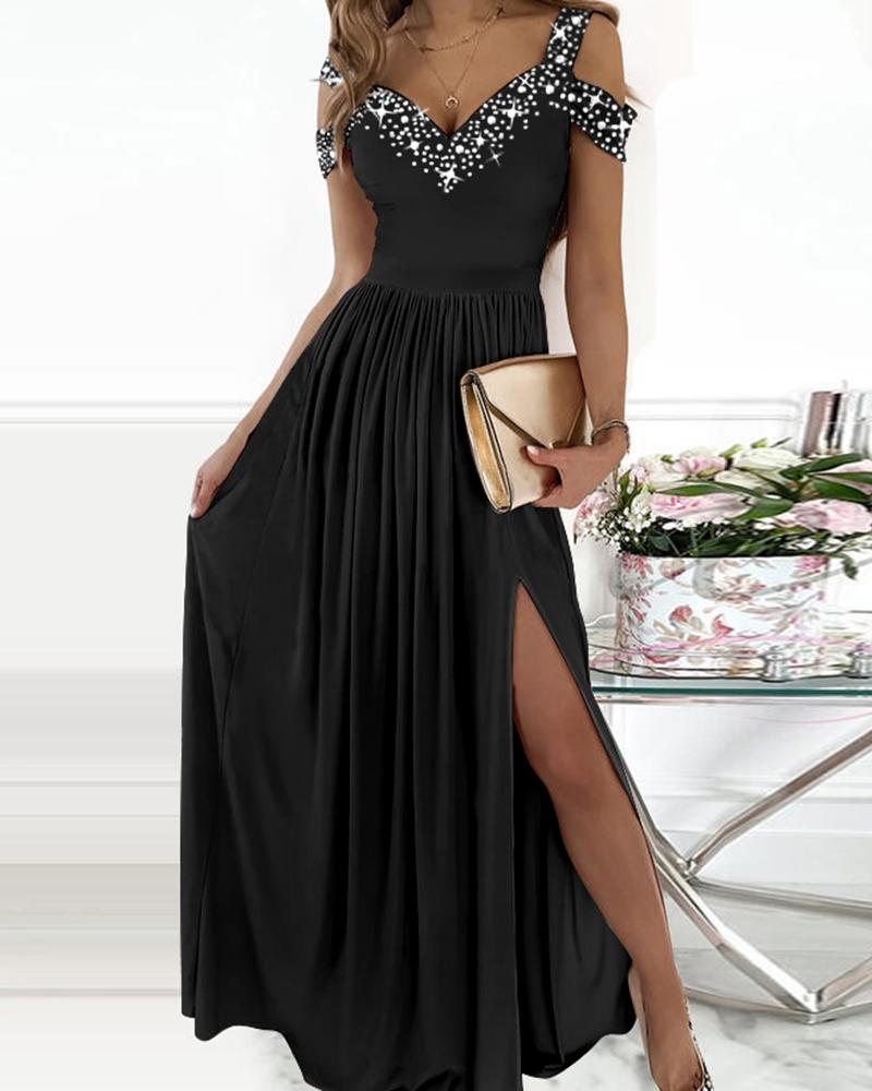 

Rhinestone Cold Shoulder Ruched High Slit Party Dress, Black