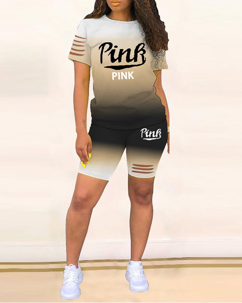 

Letter Print Cutout Ombre Colorblock Top & Shorts Set, Black