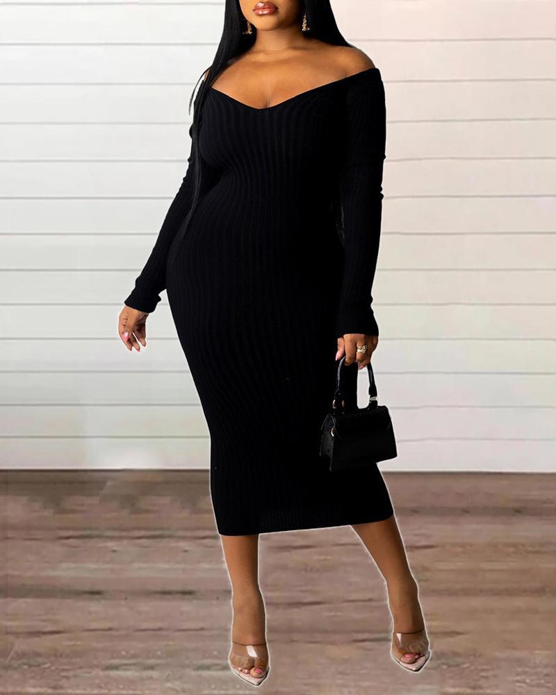 

Long Sleeve V Neck Bodycon Dress, Black