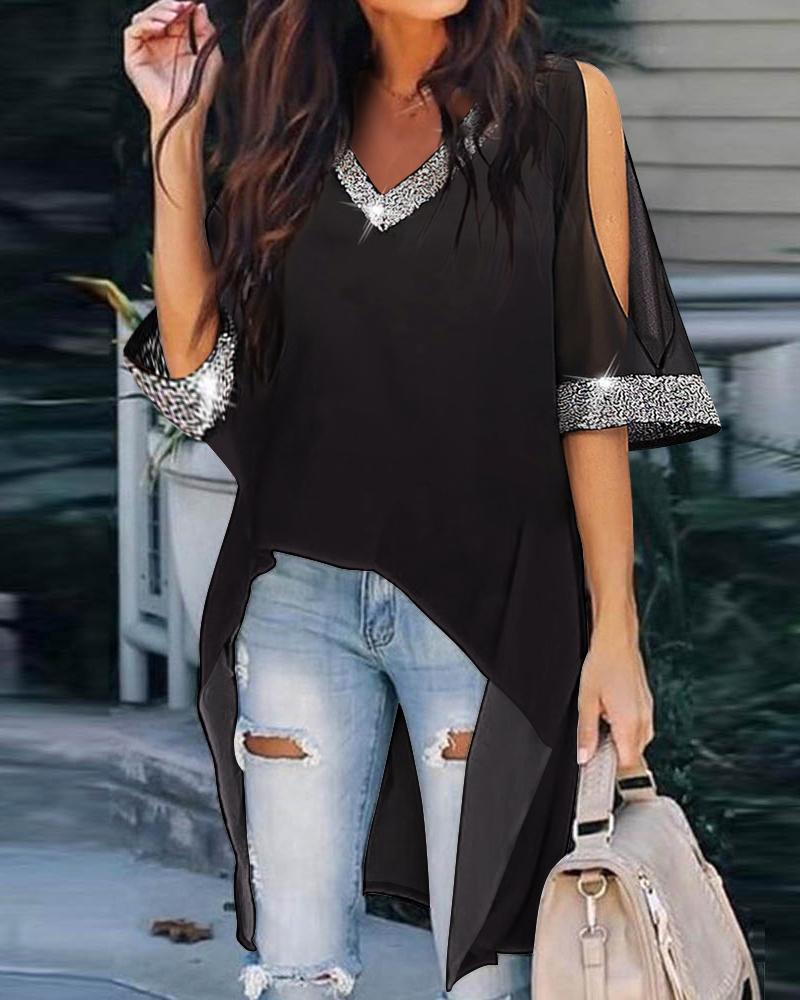 

Glitter Tape Patch Cold Shoulder High Low Hem Top, Black
