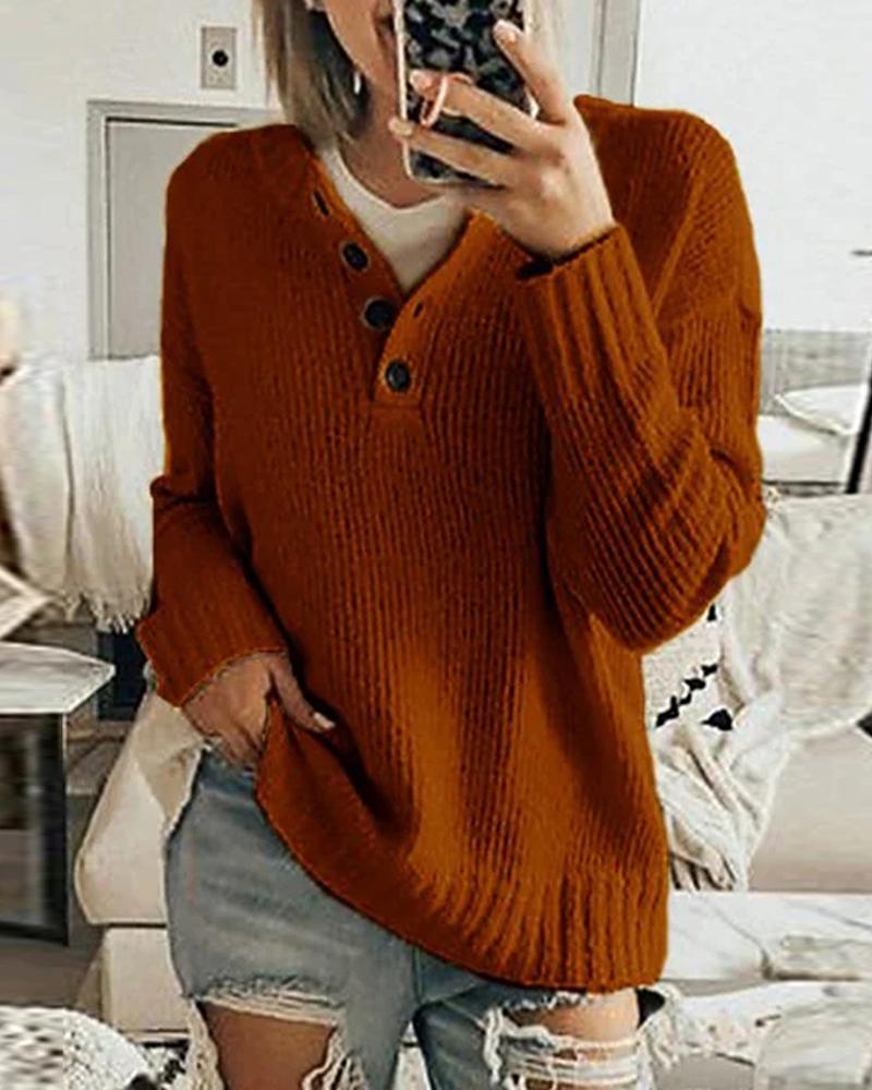

Button Design Long Sleeve Sweater, Brown