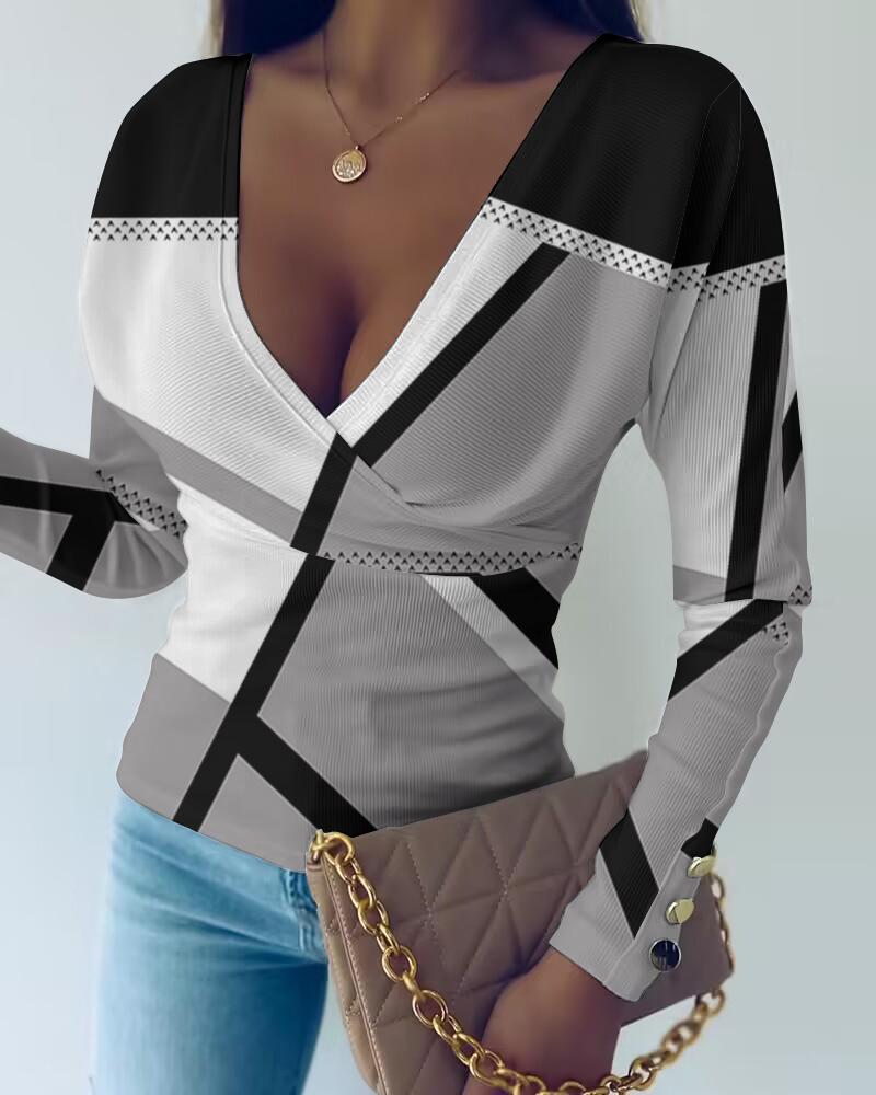 

Geometric Print Long Sleeve Ribbed Top, Gray