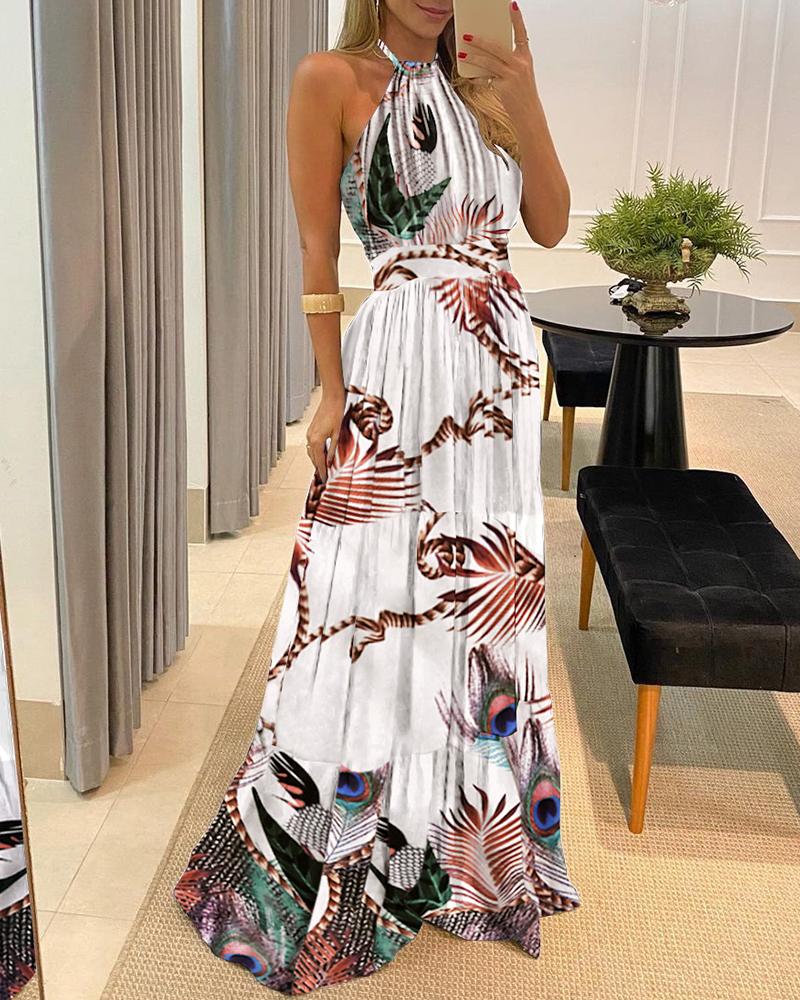 

Peacock Graphic Print Halter Sleeveelss Maxi Dress, White