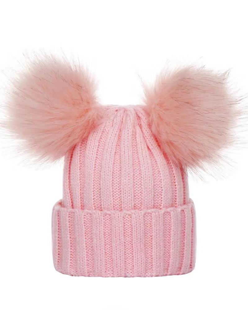 

Double Pom Pom Decor Knit Cuffed Beanie For Adult, Pink