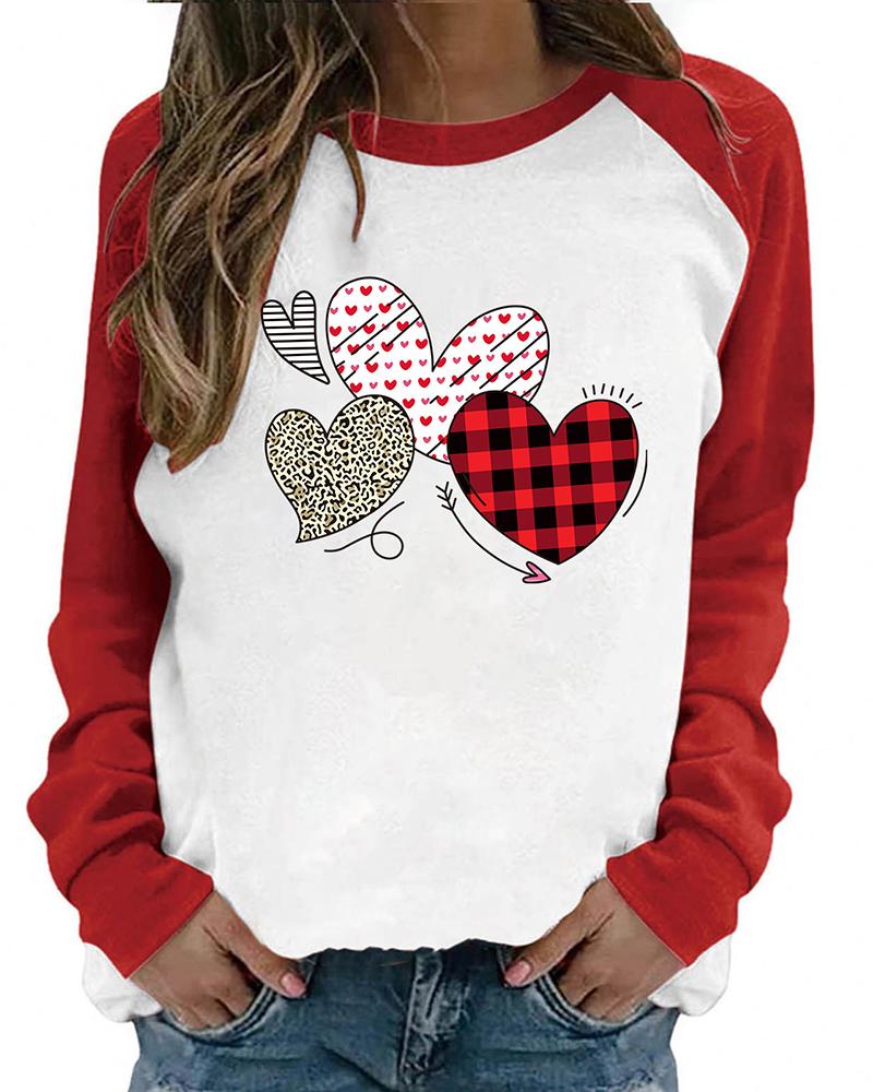 

Valentine's Day Colorblock Heart Print Long Sleeve Top, Red