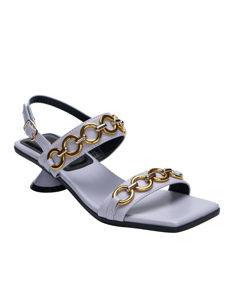 

Square-toe Splicing Chain Double Straps Heel Sandals, Purple