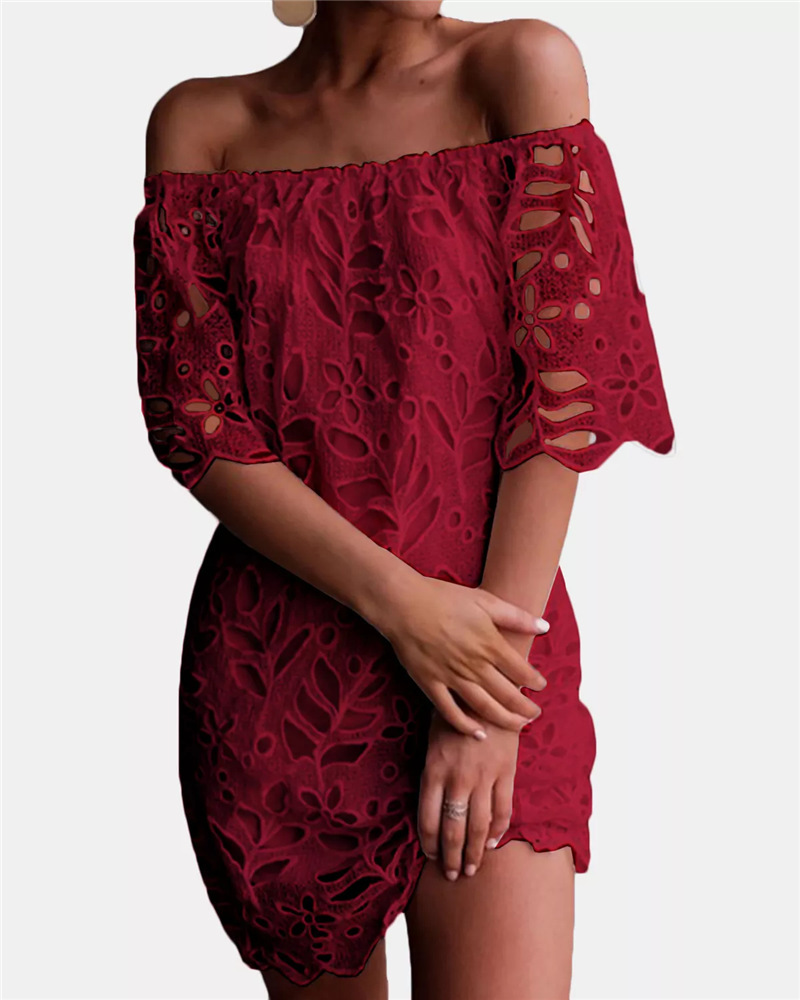 

Off Shoulder Broderie Anglaise Lace Dress, Wine red