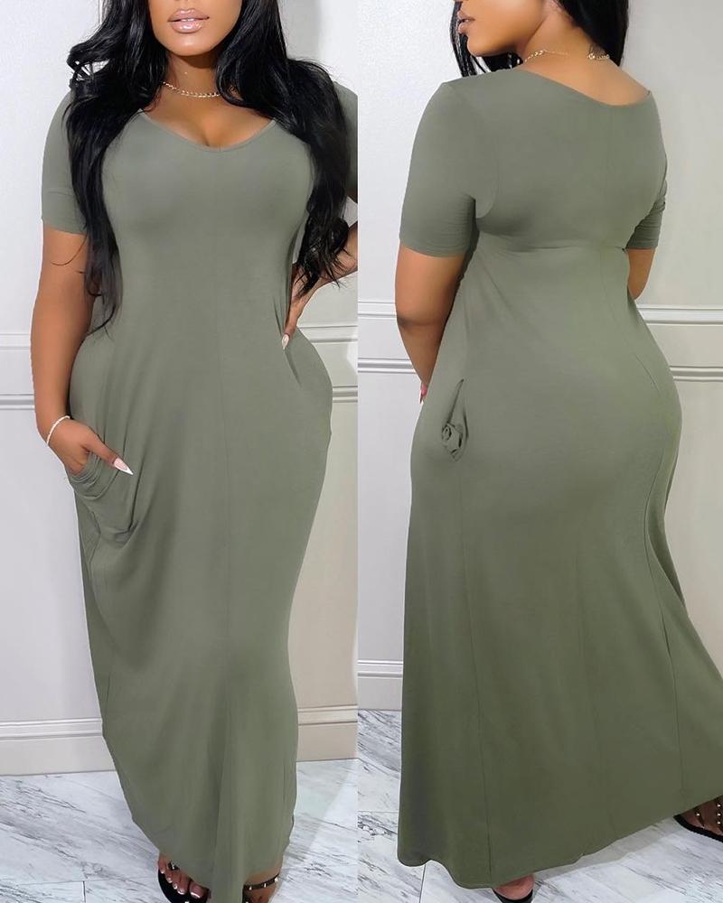 

Pocket Decor V-Neck Casual T-shirt Dress, Gray