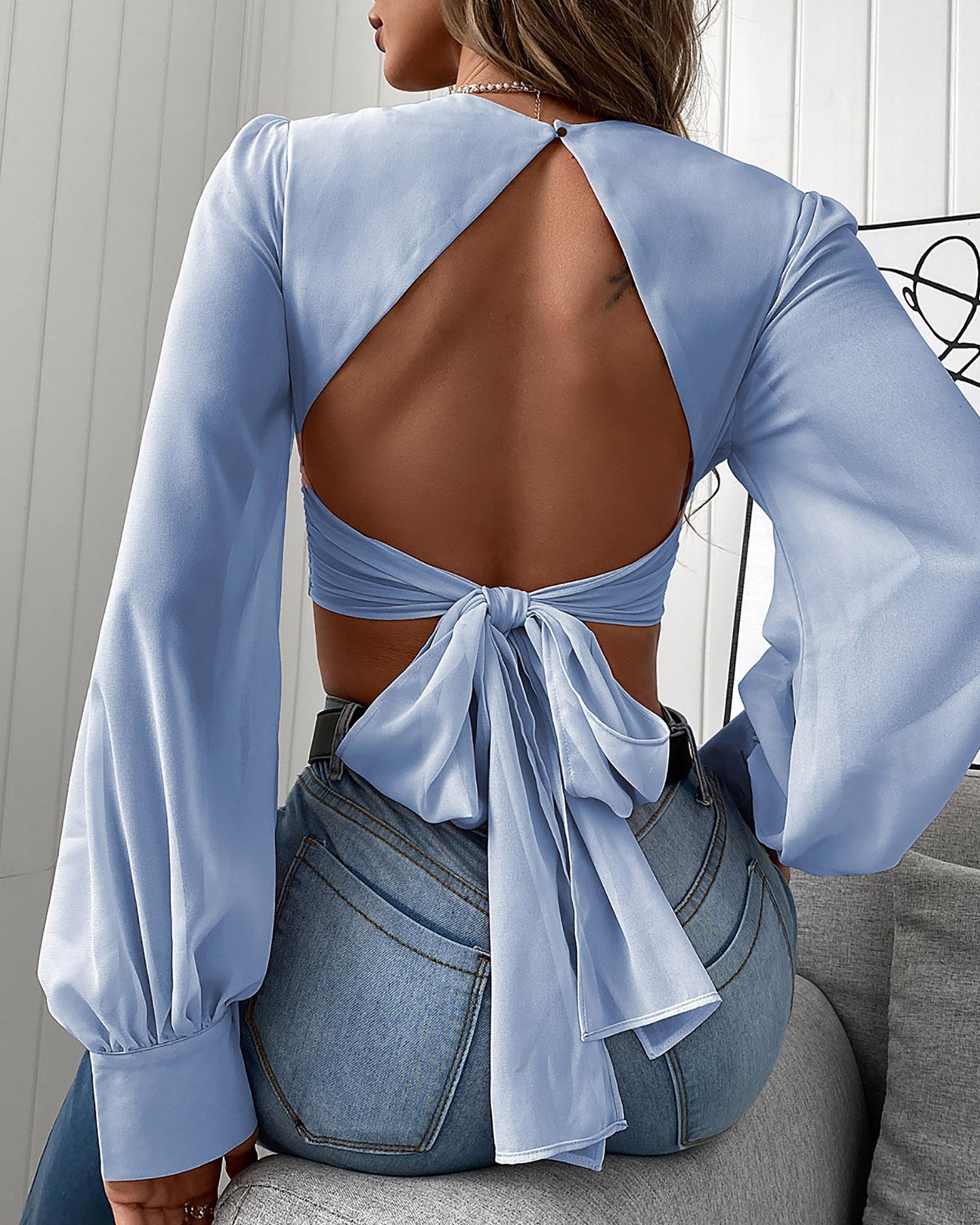 

Lantern Sleeve Tied Detail Backless Crop Top, Blue