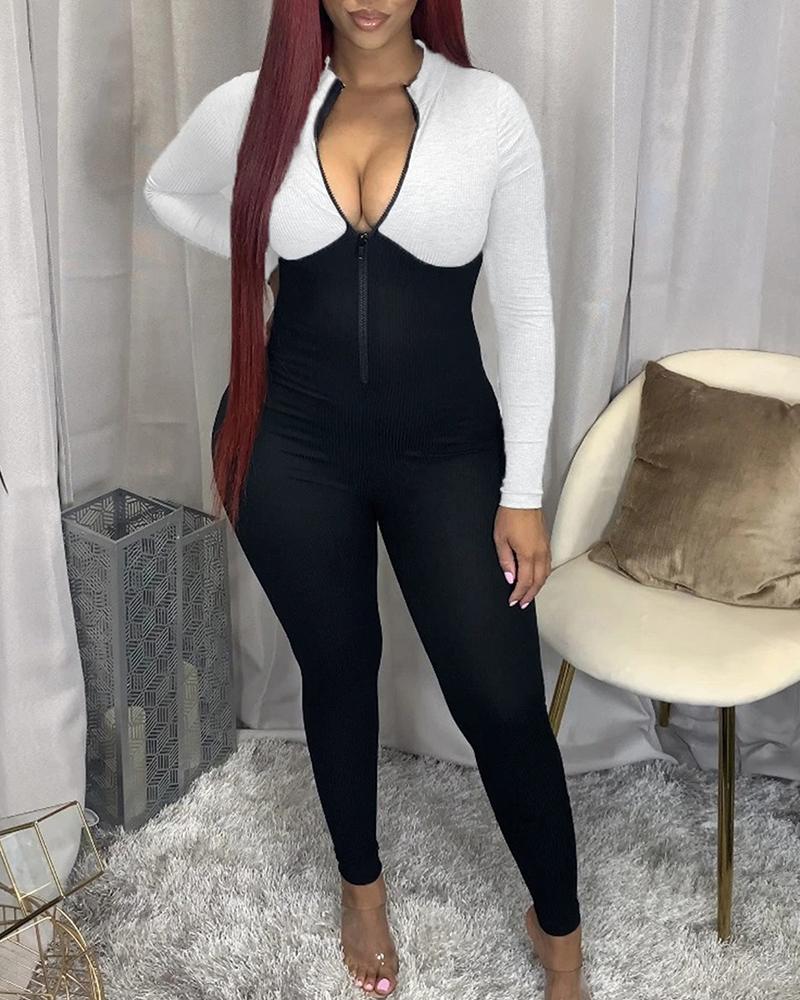 

Color Block Long Sleeve Jumpsuit, Black