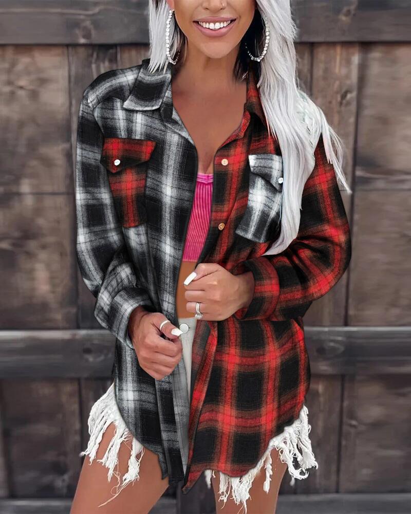 

Colorblock Plaid Print Button Down Shirt, Black