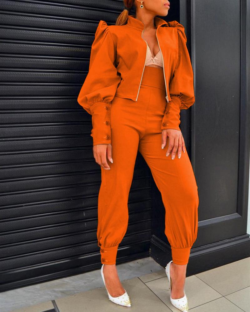 

Lantern Puff Sleeve Zipper Design Top & Pants Set, Orange