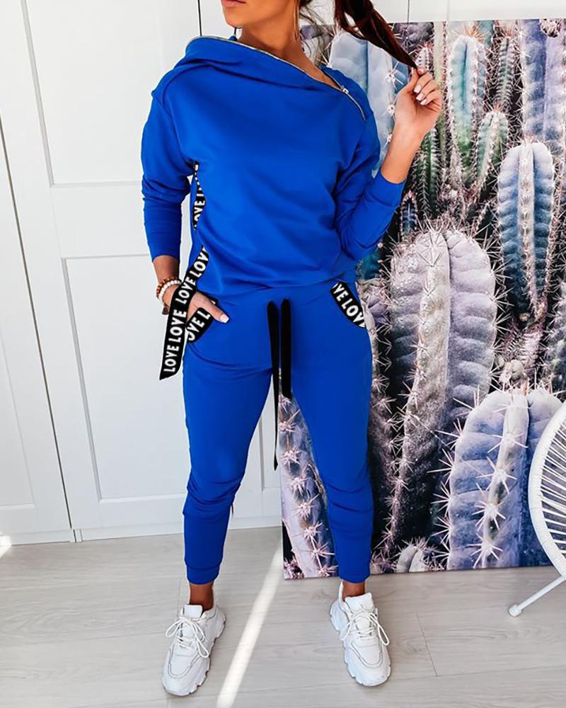 

Zipper Design Letter Print Hooded Top & Drawstring Pants Set, Blue