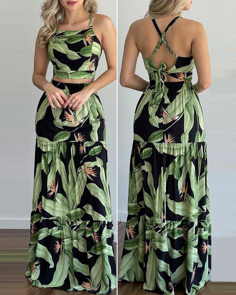 

Tropical Print Halter Sleeveless Top & Skirt Set, Green