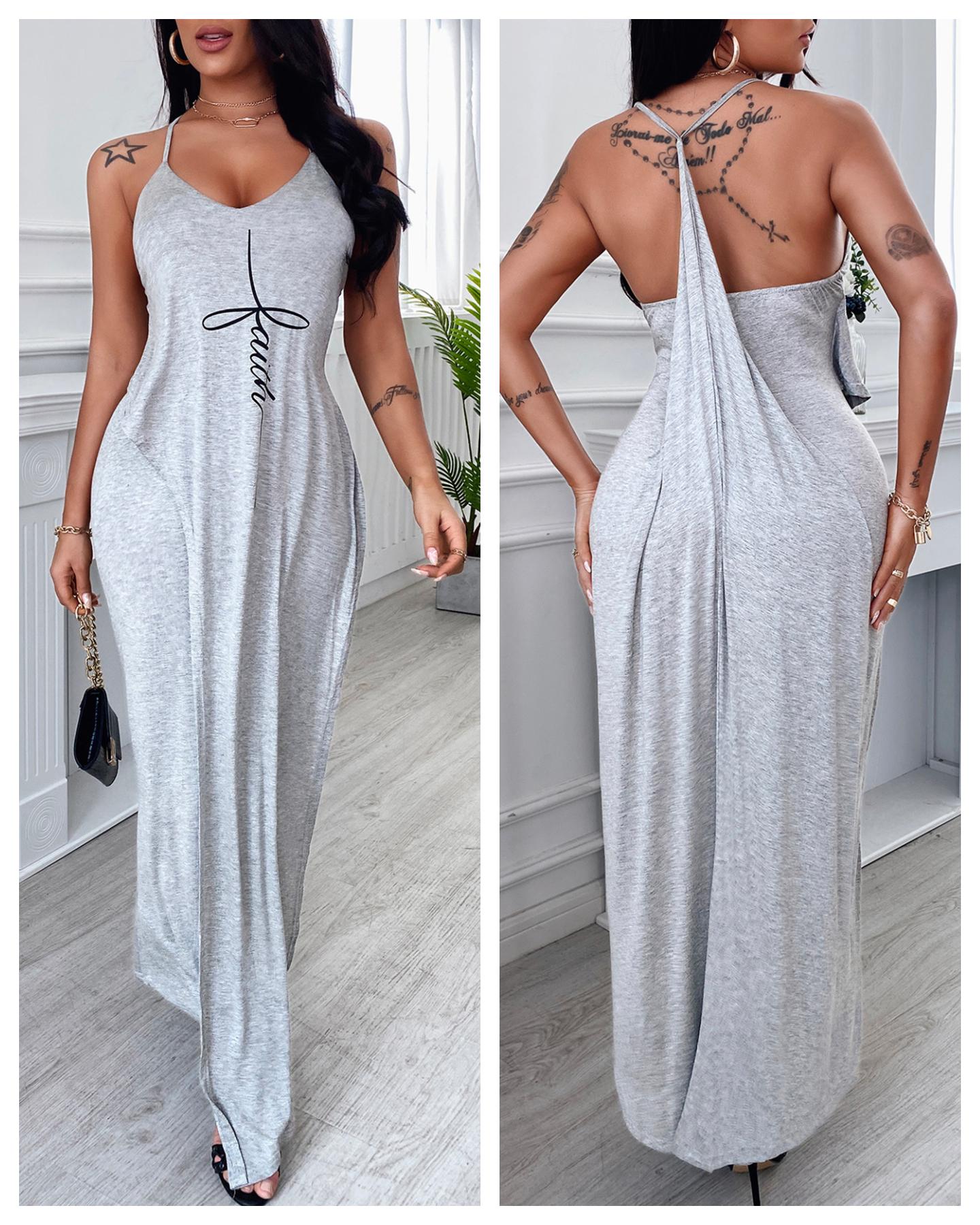 

Letter Print Halter Backless Maxi Dress, Gray