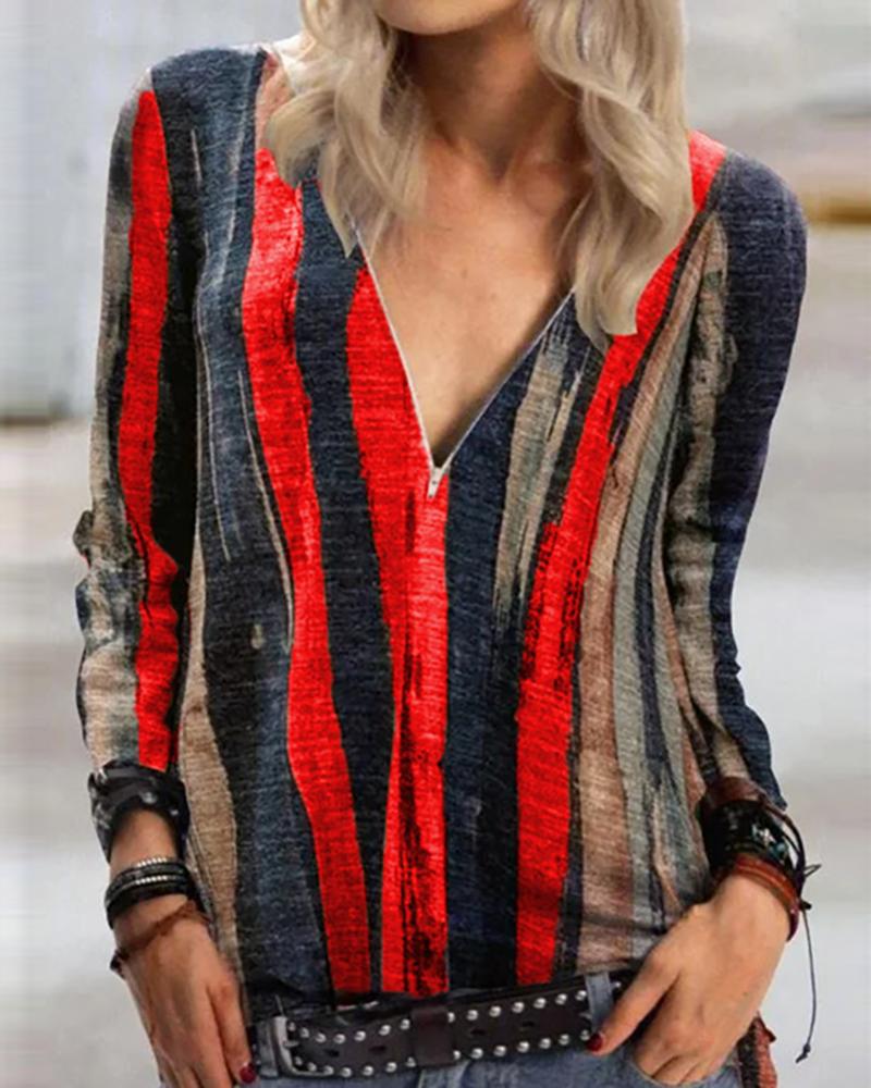 

Colorblock Zipper Design Long Sleeve Top, Red