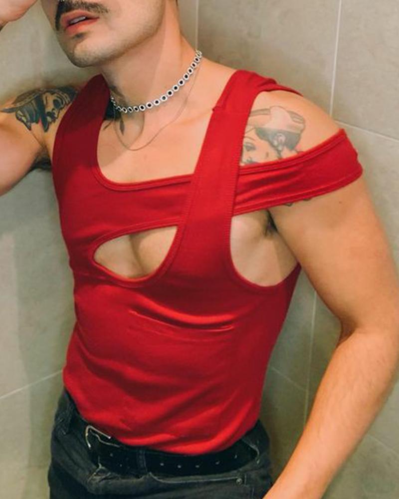 

Solid Color Cut-out Sleeveless Skinny Tank Top, Red
