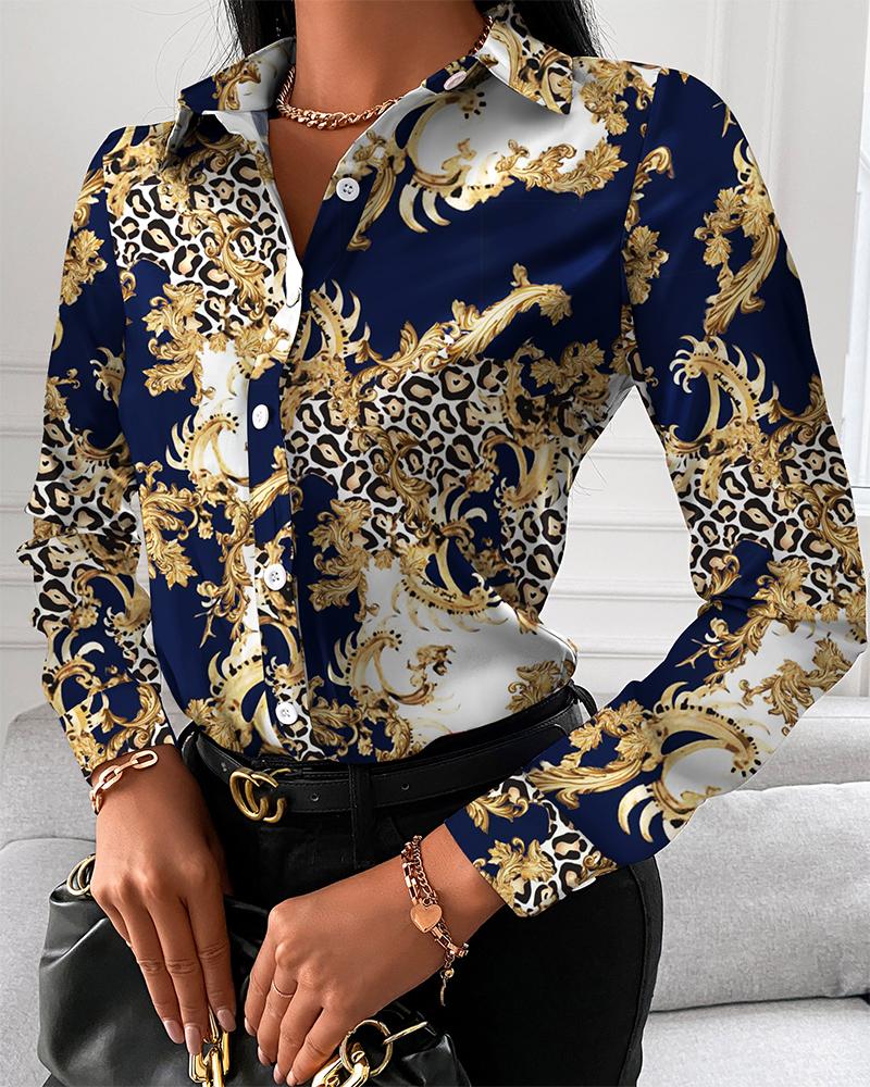 

Baroque Leopard Print Button Down Shirt, Blue