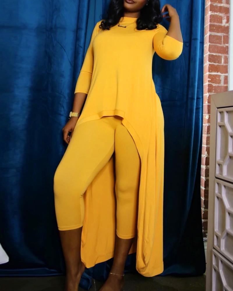 

Long Sleeve Dip Hem Top & Pants Set, Yellow
