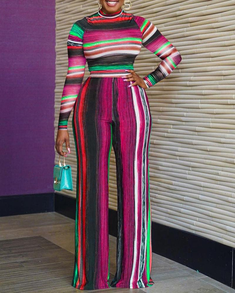 

Striped Print Colorblock Top & Pants Set, Hot pink