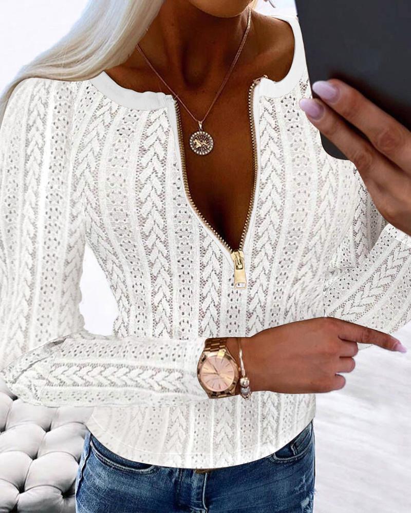 

Zipper Design Eyelet Embroidery Top, White
