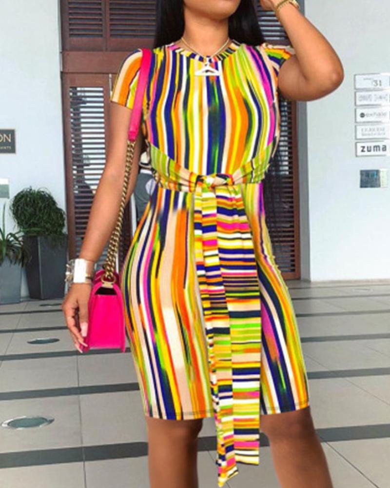 

Colorblock Wide Striped Short Sleeve Lace-up Mini Dress, Multicolor