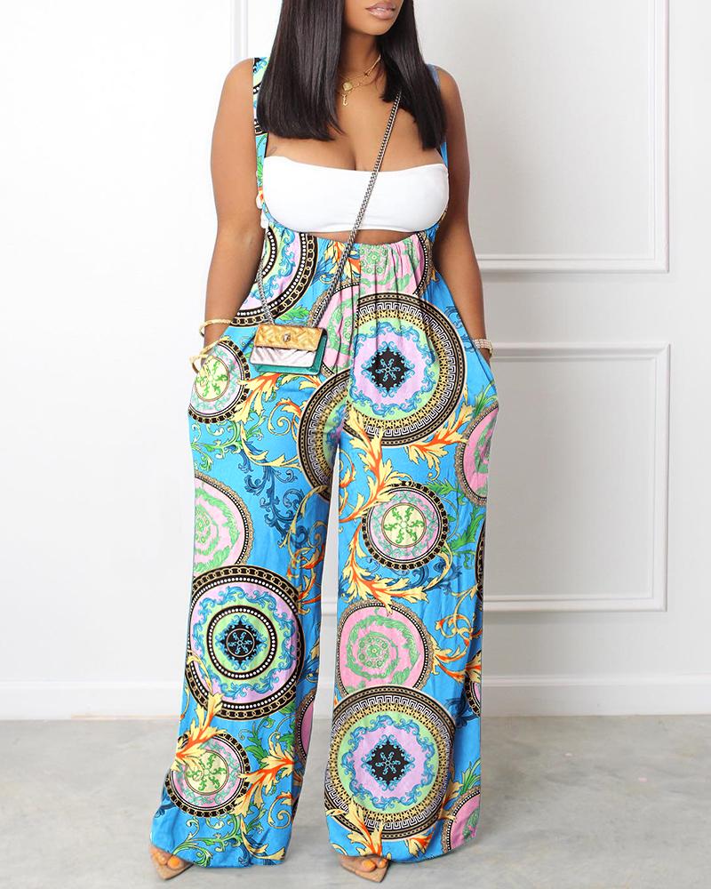 

Baroque Print Wide Leg Suspender Jumpsuit, Blue