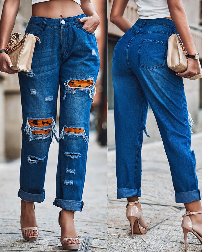 

Halloween Bat Print Patchwork Ripped Jeans, Blue