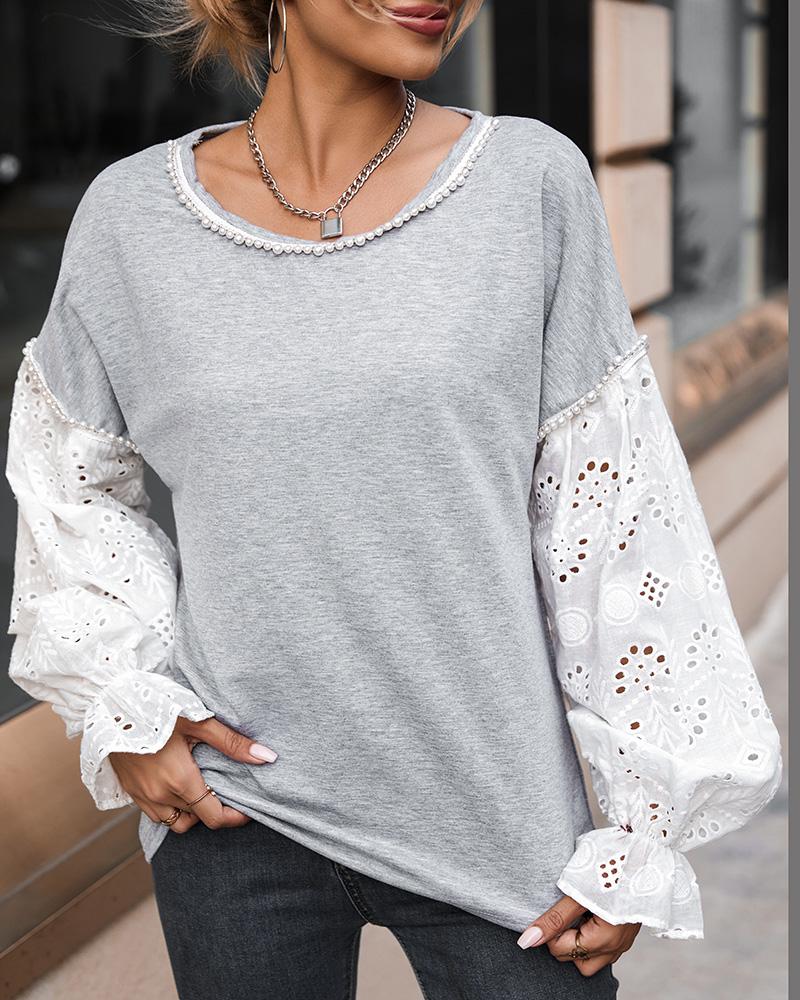 

Beaded Decor Patchwork Flounce Sleeve Top, Gray