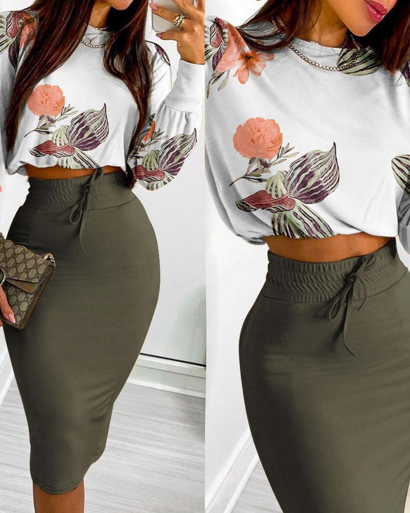 

Floral Print Long Sleeve Crop Top & Drawstring Skirt Set, Green